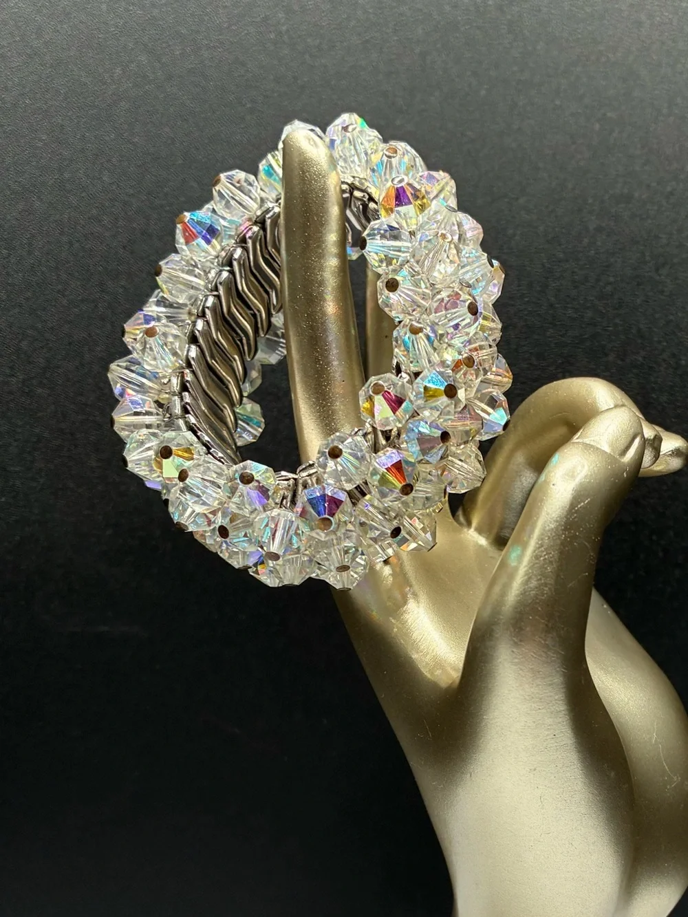 Vintage Chunky Crystal Aurora Bead Stretch Bracelet - Clear Iridescent